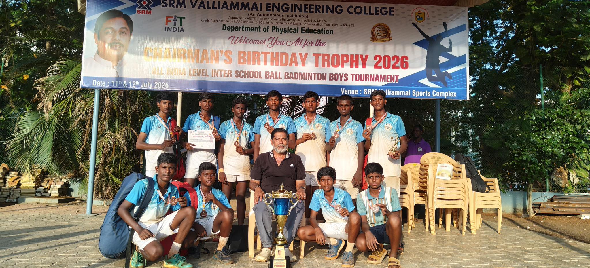 SRM Valliammai Chairman's Birthday Trophy 2026 — Team with Coach
